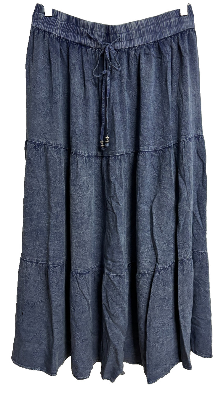 Gabrielle Tier Plus 1X Maxi Skirt Women Blue Acid Wash Chambray Lightweight New